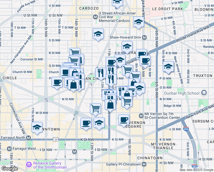 map of restaurants, bars, coffee shops, grocery stores, and more near 1107 O Street Northwest in Washington