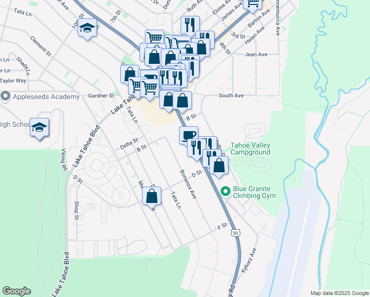 map of restaurants, bars, coffee shops, grocery stores, and more near 1144 Emerald Bay Road in South Lake Tahoe