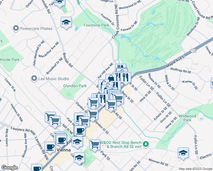 map of restaurants, bars, coffee shops, grocery stores, and more near 407 Church Street Northeast in Vienna