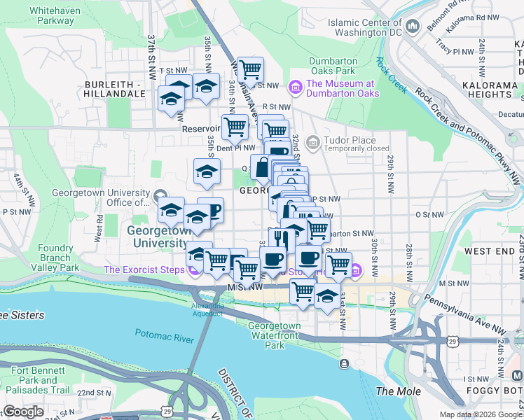 map of restaurants, bars, coffee shops, grocery stores, and more near P Street Northwest in Washington