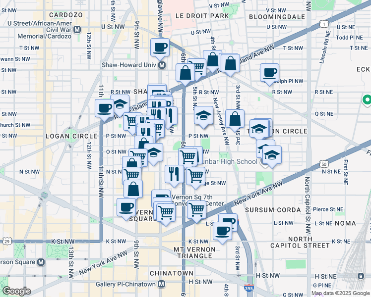 map of restaurants, bars, coffee shops, grocery stores, and more near 1403 6th Street Northwest in Washington