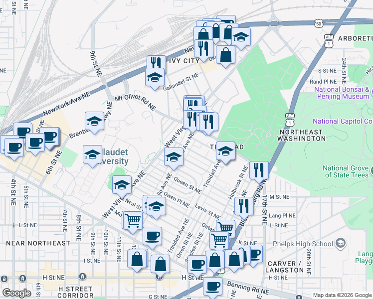 map of restaurants, bars, coffee shops, grocery stores, and more near 101 Independence Avenue Southeast in Washington