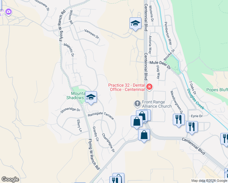 map of restaurants, bars, coffee shops, grocery stores, and more near 5335 Chambrey Court in Colorado Springs