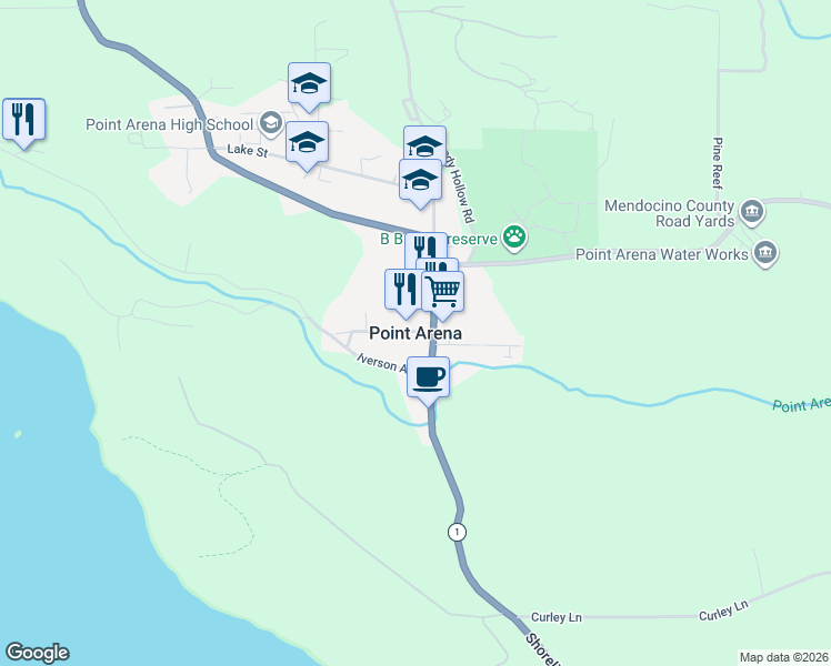 map of restaurants, bars, coffee shops, grocery stores, and more near in Point Arena