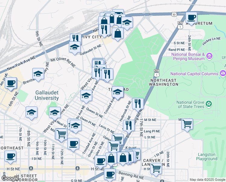 map of restaurants, bars, coffee shops, grocery stores, and more near 101 Independence Avenue Southeast in Washington