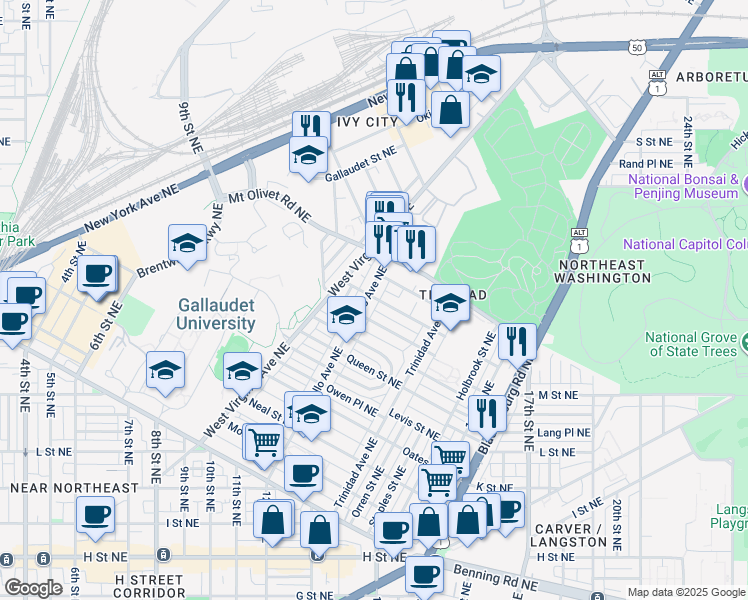 map of restaurants, bars, coffee shops, grocery stores, and more near 101 Independence Avenue Southeast in Washington