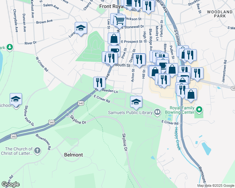 map of restaurants, bars, coffee shops, grocery stores, and more near 115 Beeden Lane in Front Royal