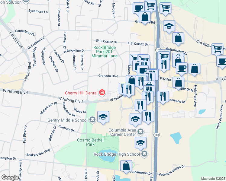 map of restaurants, bars, coffee shops, grocery stores, and more near 107 Diego Court in Columbia