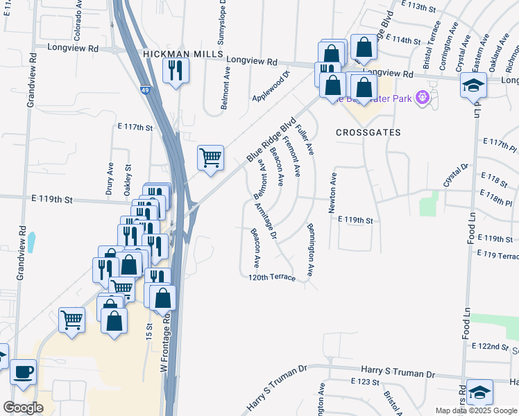 map of restaurants, bars, coffee shops, grocery stores, and more near in Grandview