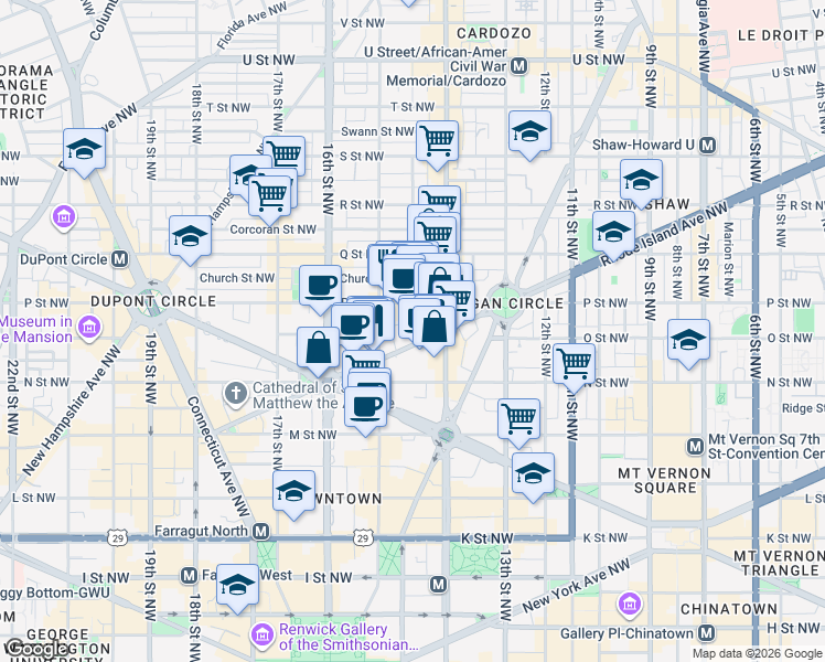 map of restaurants, bars, coffee shops, grocery stores, and more near 1429 Rhode Island Avenue Northwest in Washington