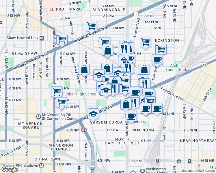 map of restaurants, bars, coffee shops, grocery stores, and more near 1405 1st Street Northwest in Washington