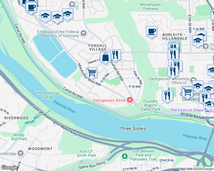 map of restaurants, bars, coffee shops, grocery stores, and more near 4511 MacArthur Boulevard Northwest in Washington