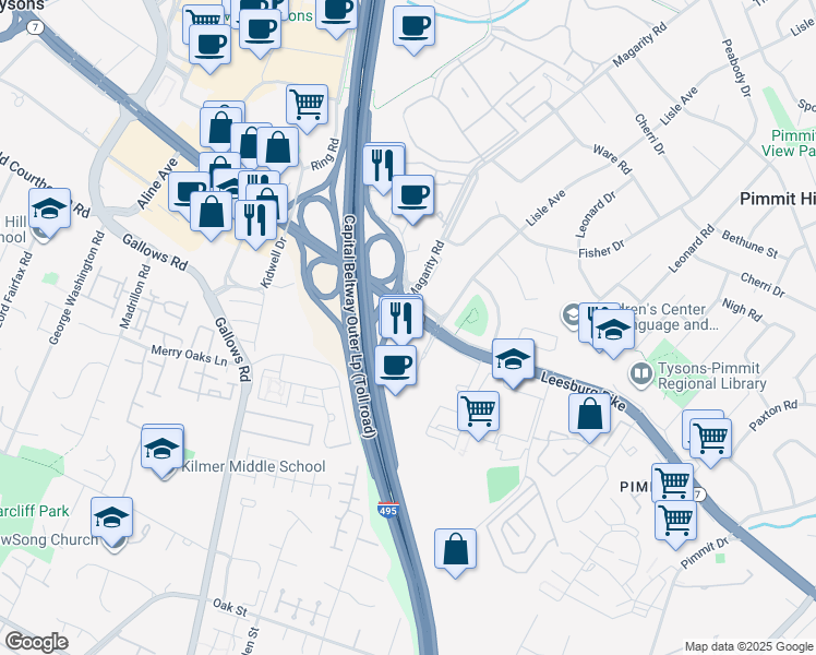 map of restaurants, bars, coffee shops, grocery stores, and more near 7801 Leesburg Pike in Falls Church
