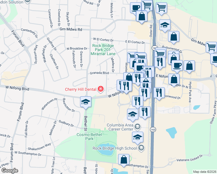 map of restaurants, bars, coffee shops, grocery stores, and more near 107 Diego Court in Columbia