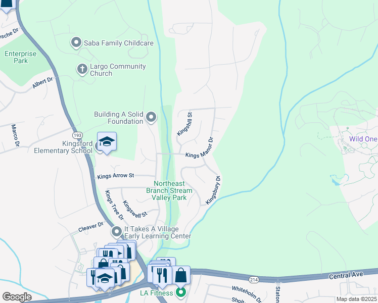 map of restaurants, bars, coffee shops, grocery stores, and more near 1418 Kings Manor Drive in Bowie