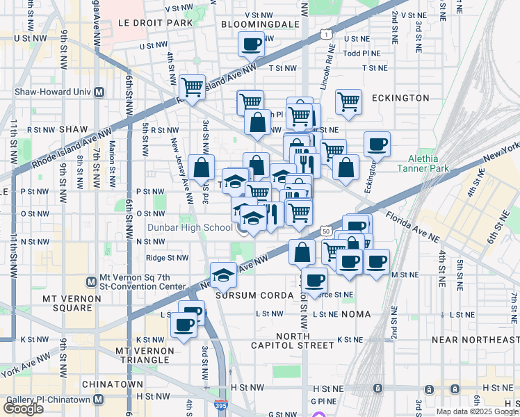 map of restaurants, bars, coffee shops, grocery stores, and more near 1405 1st Street Northwest in Washington