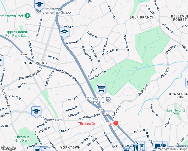 map of restaurants, bars, coffee shops, grocery stores, and more near 4733 Rock Spring Road in Arlington
