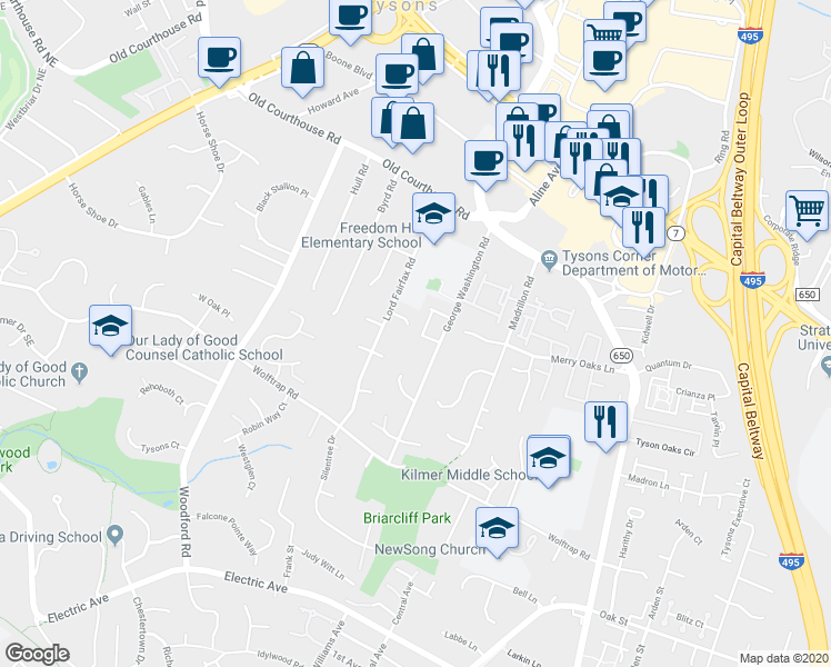 map of restaurants, bars, coffee shops, grocery stores, and more near 8264 Trailwood Court in Vienna