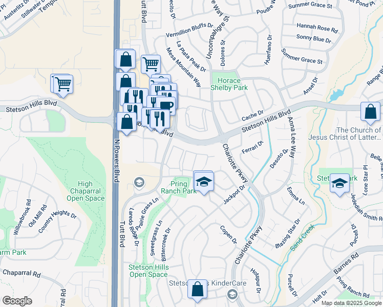 map of restaurants, bars, coffee shops, grocery stores, and more near 5381 Grantsville Grove in Colorado Springs