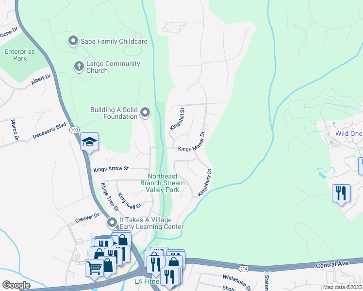 map of restaurants, bars, coffee shops, grocery stores, and more near 1418 Kings Manor Drive in Bowie