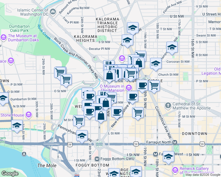 map of restaurants, bars, coffee shops, grocery stores, and more near 2147 O Street Northwest in Washington