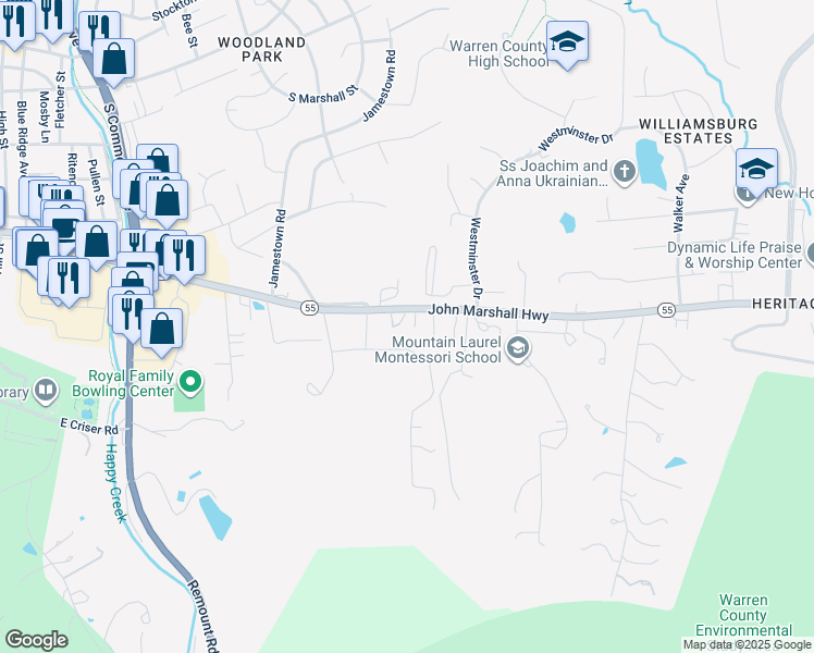 map of restaurants, bars, coffee shops, grocery stores, and more near 1151 John Marshall Highway in Front Royal
