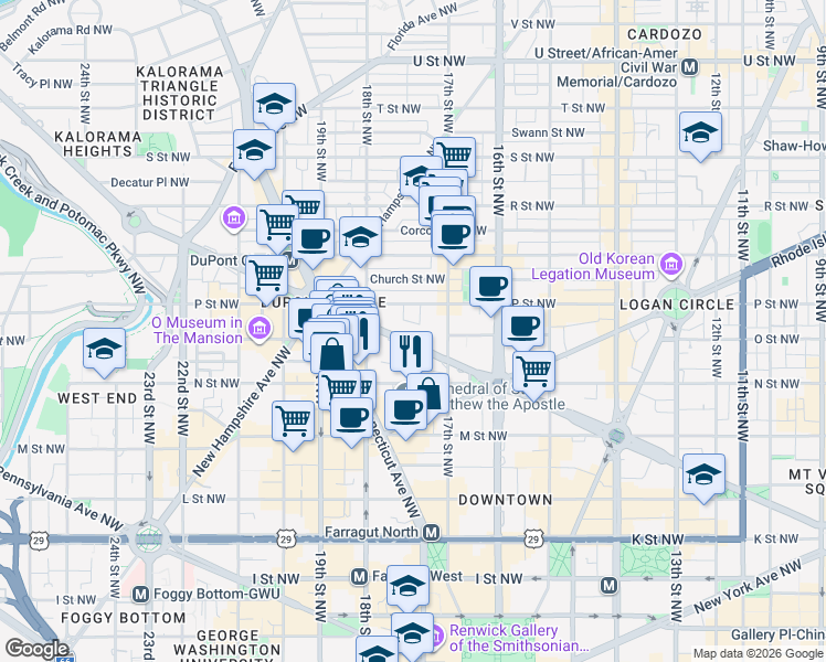 map of restaurants, bars, coffee shops, grocery stores, and more near 1727 Massachusetts Avenue Northwest in Washington