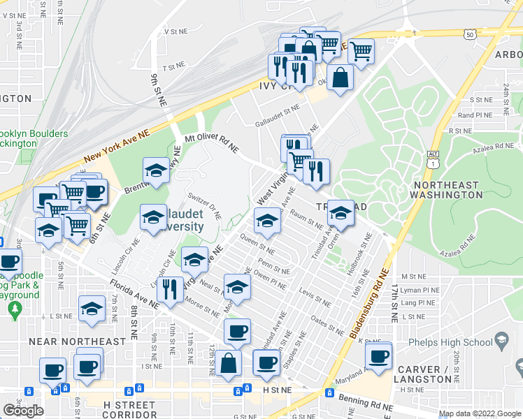 map of restaurants, bars, coffee shops, grocery stores, and more near 101 Independence Avenue Southeast in Washington