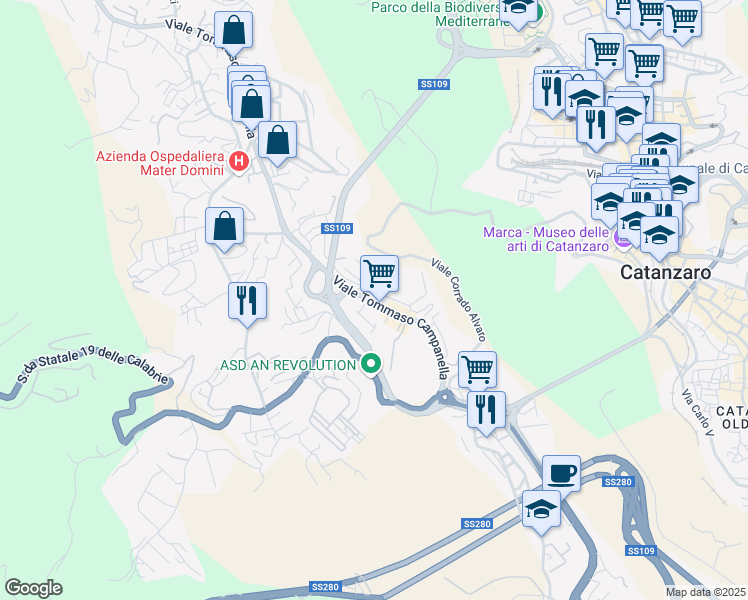 map of restaurants, bars, coffee shops, grocery stores, and more near 8 Viale Tommaso Campanella in Catanzaro