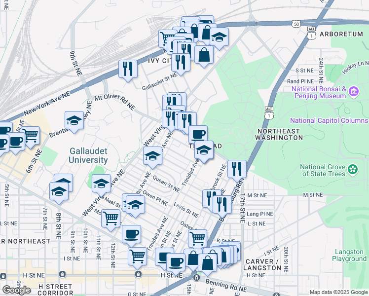 map of restaurants, bars, coffee shops, grocery stores, and more near 1239 Simms Place Northeast in Washington