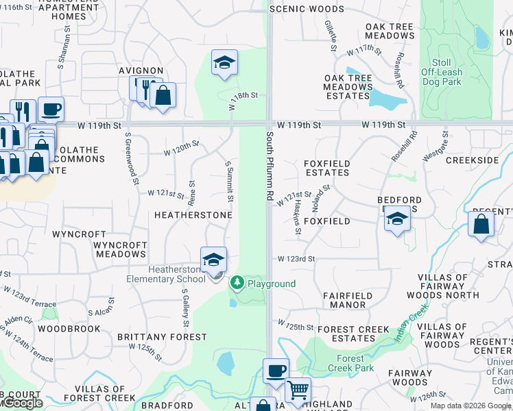 map of restaurants, bars, coffee shops, grocery stores, and more near 12100 South Pflumm Road in Olathe