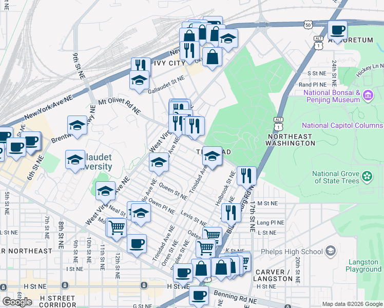 map of restaurants, bars, coffee shops, grocery stores, and more near 101 Independence Avenue Southeast in Washington