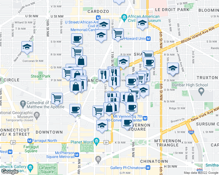map of restaurants, bars, coffee shops, grocery stores, and more near 1109 O Street Northwest in Washington