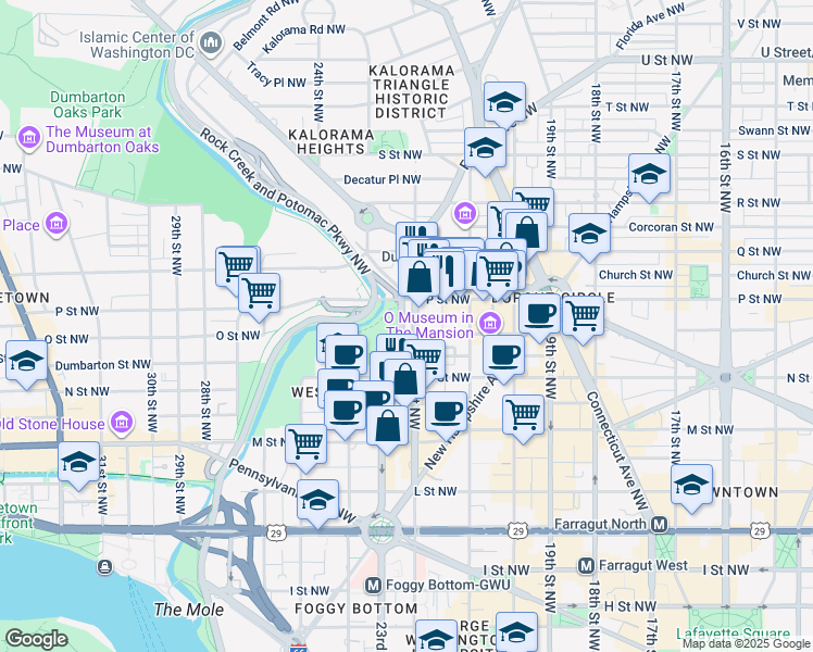 map of restaurants, bars, coffee shops, grocery stores, and more near 1414 22nd Street Northwest in Washington