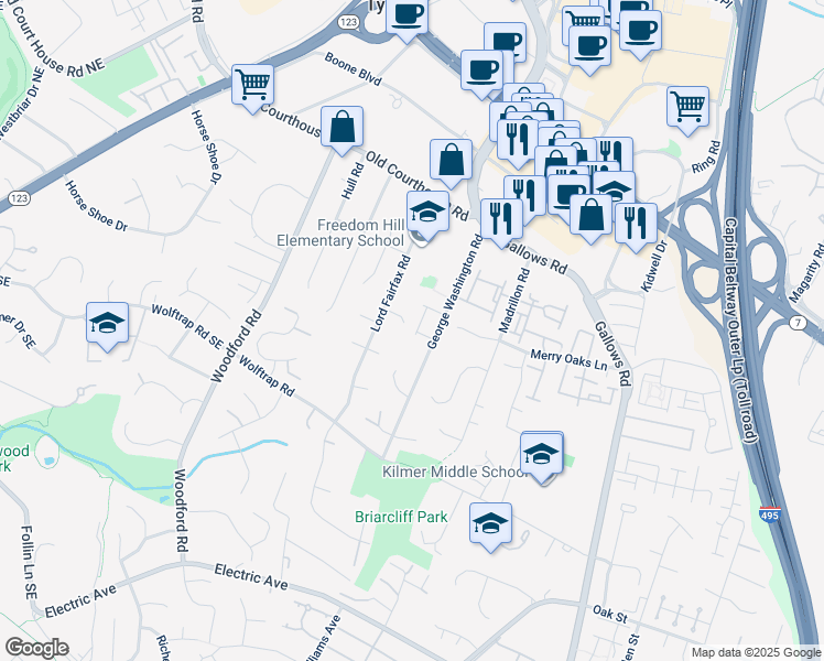 map of restaurants, bars, coffee shops, grocery stores, and more near 8264 Trailwood Court in Vienna