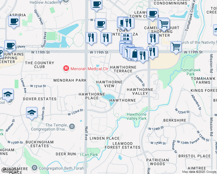 map of restaurants, bars, coffee shops, grocery stores, and more near 5215 West 122nd Street in Leawood