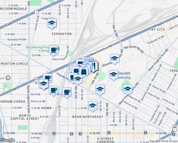 map of restaurants, bars, coffee shops, grocery stores, and more near 101 Independence Avenue Southeast in Washington