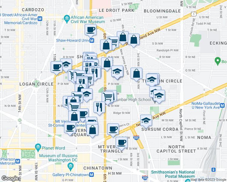 map of restaurants, bars, coffee shops, grocery stores, and more near 1427 5th Street Northwest in Washington