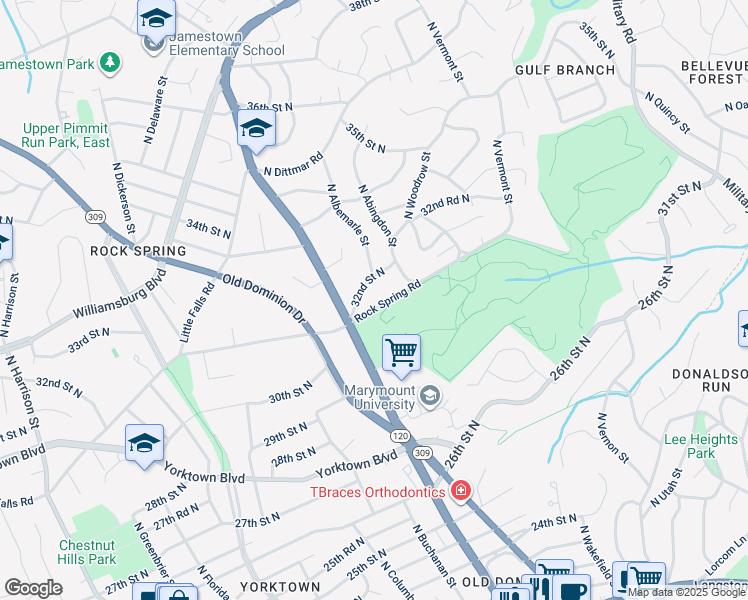 map of restaurants, bars, coffee shops, grocery stores, and more near 4733 Rock Spring Road in Arlington