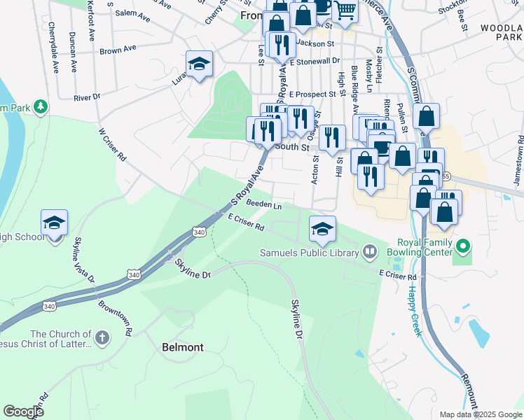 map of restaurants, bars, coffee shops, grocery stores, and more near 99 Beeden Lane in Front Royal