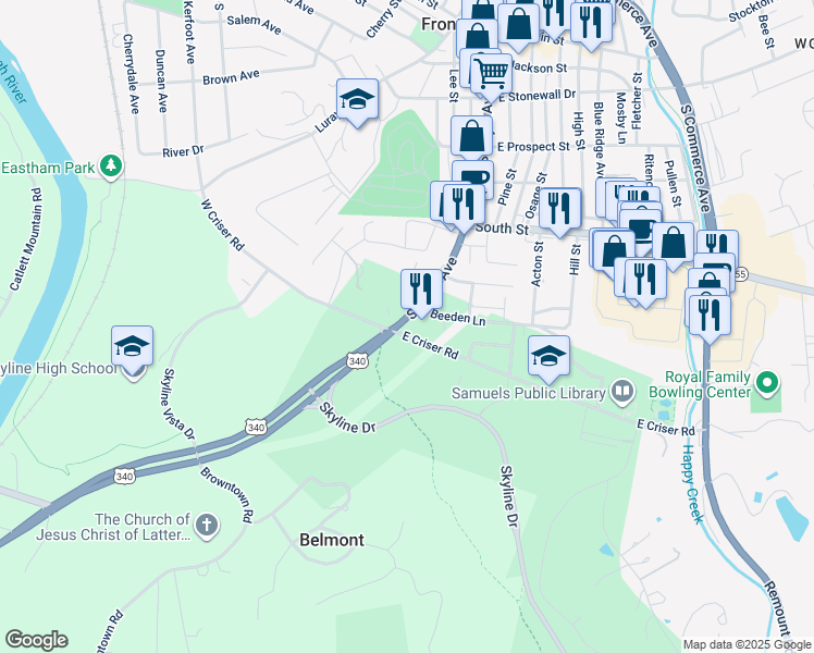 map of restaurants, bars, coffee shops, grocery stores, and more near 712 South Royal Avenue in Front Royal