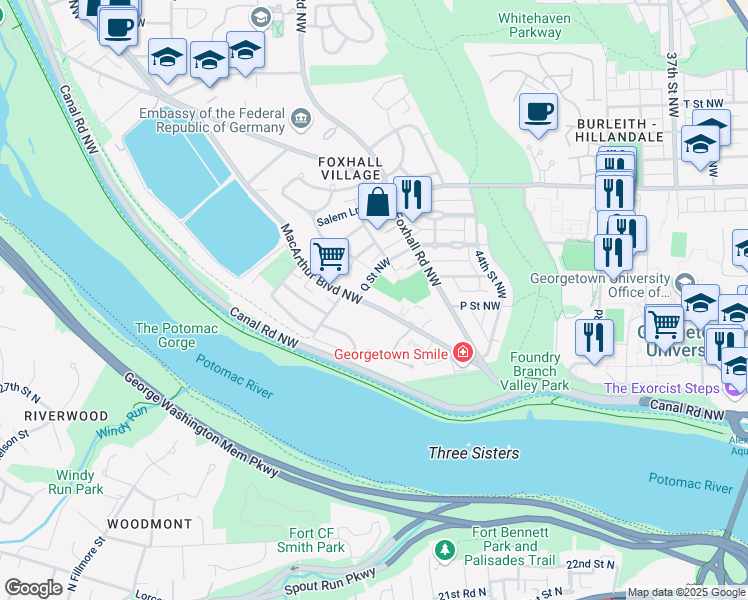 map of restaurants, bars, coffee shops, grocery stores, and more near 4517 1/2 MacArthur Boulevard Northwest in Washington