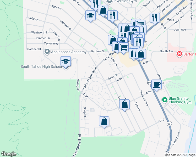 map of restaurants, bars, coffee shops, grocery stores, and more near 1080 Julie Lane in South Lake Tahoe