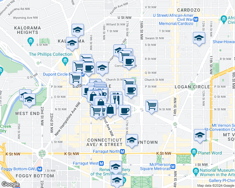 map of restaurants, bars, coffee shops, grocery stores, and more near 1727 Massachusetts Avenue Northwest in Washington