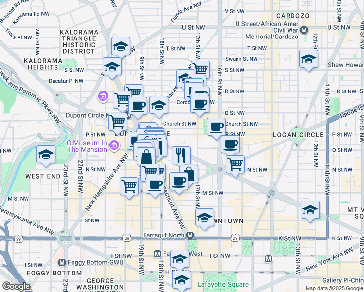 map of restaurants, bars, coffee shops, grocery stores, and more near 1727 Massachusetts Avenue Northwest in Washington