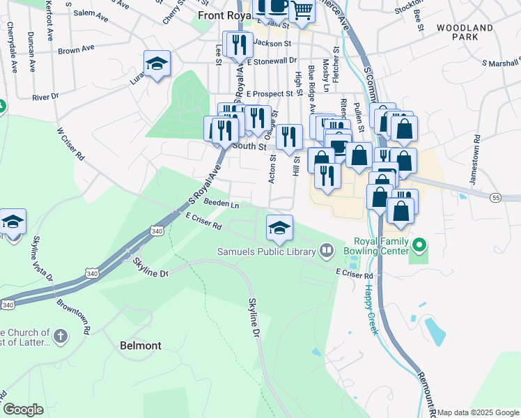 map of restaurants, bars, coffee shops, grocery stores, and more near 704 Parkview Drive in Front Royal