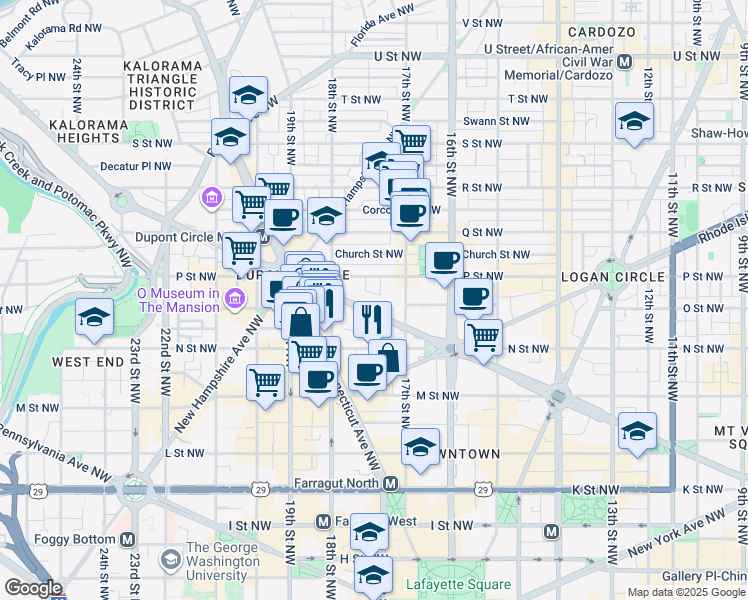 map of restaurants, bars, coffee shops, grocery stores, and more near 1727 Massachusetts Avenue Northwest in Washington