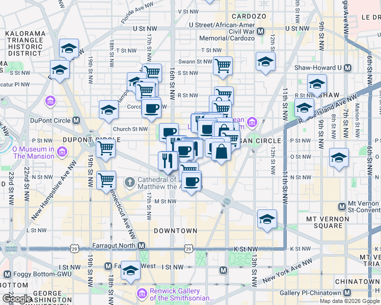 map of restaurants, bars, coffee shops, grocery stores, and more near 1515 O Street Northwest in Washington