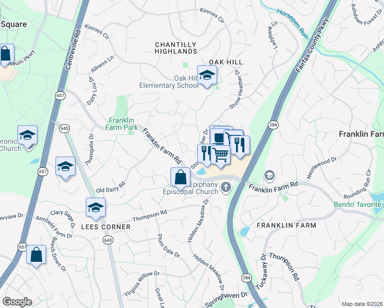 map of restaurants, bars, coffee shops, grocery stores, and more near 13401 Elevation Lane in Herndon