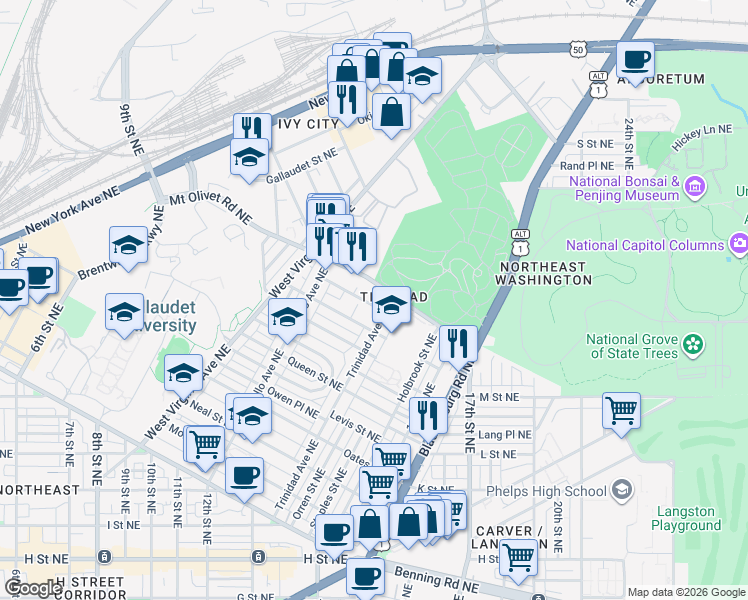 map of restaurants, bars, coffee shops, grocery stores, and more near 101 Independence Avenue Southeast in Washington